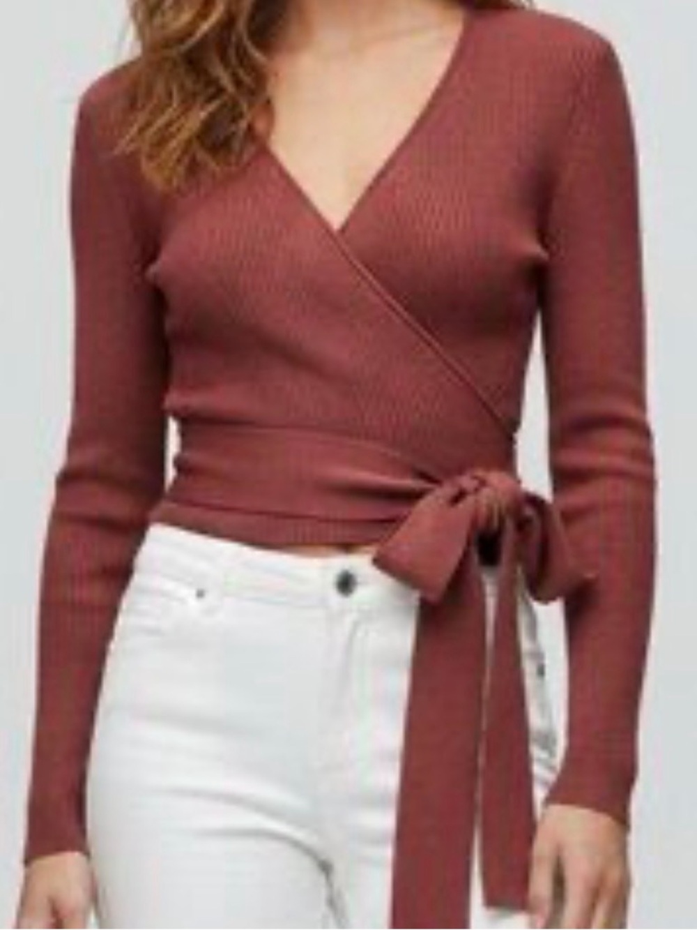 Zara Wrap-Style Ribbed Knit Sweater - Rust